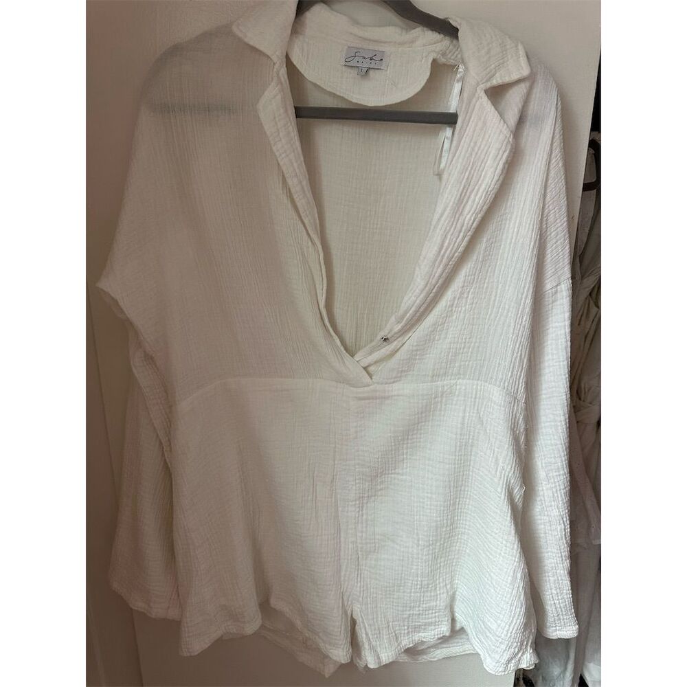 Sabo Skirt Women's White Cotton Gauze Romper Size Large Long Sleeve Collared